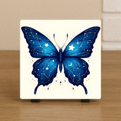 Wenstegel Vlinder Blauw Sterren – 10,5x10,5 cm – Mystieke Wanddecoratie – Spreuktegel – Stijlvolle Woondecoratie met Boodschap – Trendy nu– Hip trendy tegeltje – Cadeau – Zomaar – Deco – Decoratief Tegeltje met Standaard – Cadeau Idee