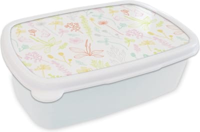 Broodtrommel Wit - Lunchbox - Brooddoos - Planten - Patronen - Tuin - Contour - Pastel - 18x12x6 cm - Volwassenen