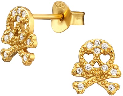 Joy|S - Zilveren skull oorbellen - doodskop - 7 x 8 mm - hartjes oogjes - zirkonia - gold plated - halloween oorbellen