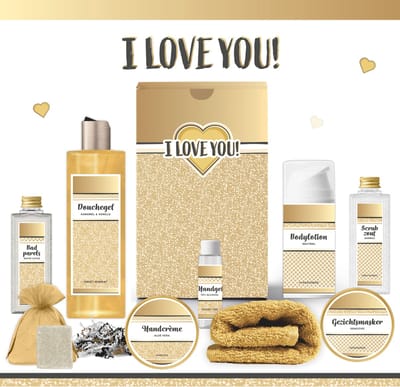 Geschenkset “I love you!” - 9 producten - 790 gram | Giftset voor haar - Luxe wellness cadeaubox - Speciaal voor jou - Cadeaupakket Vrouw - Geschenk Set Vriendin - Verjaardag - Cadeau - Gift Moeder - Valentijnsdag - Valentijn - Liefde - Goud