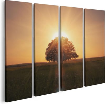 Artaza Canvas Schilderij Vierluik Zonsondergang Achter Een Grote Boom - 80x60 - Foto Op Canvas - Canvas Print
