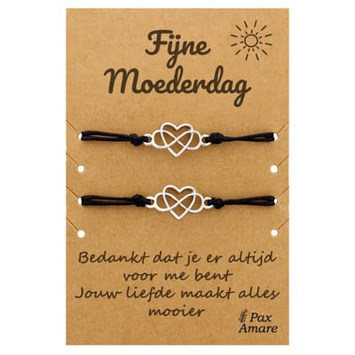 Moeder Dochter Armbandjes voor 2 "Fijne Moederdag" - Hartje in Oneindigheidsteken - Moeder Kind Armbandjes met Persoonlijk Cadeau Kaartje voor mama - Zilverkleurig - Elastisch Verstelbaar - Pax Amare