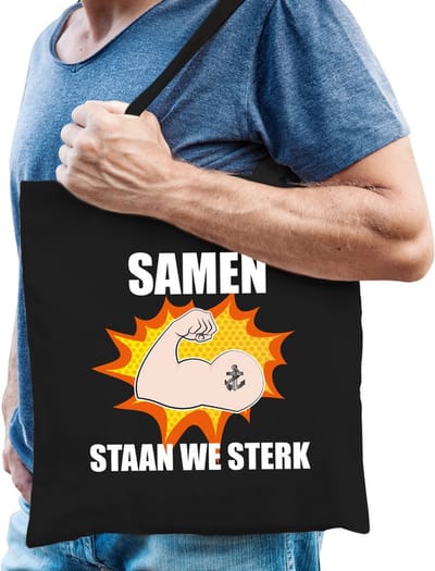 Samen staan we sterk katoenen tas zwart voor heren - solidariteit tassen - kado / tasje / shopper
