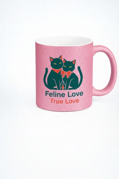 Roze Glitter Mok met Kattenpaar - "Feline Love True Love" - Cadeau voor Kattenliefhebbers