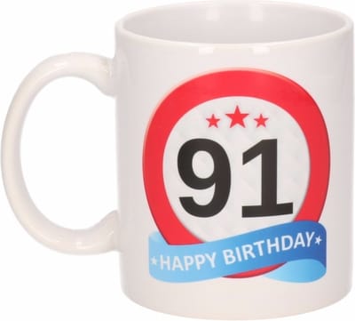 Beallatio Decorations - 91 jaar Verjaardag koffiemok - cadeau beker - stopbord print met happy birthday - 300 ml - keramiek - wit