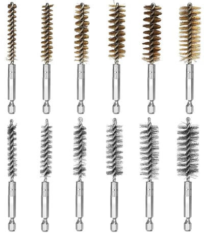 Set van 12 metalen borstels: 6 roestvrijstalen en 6 koperen, cilindrisch met hexagonale shank, ideaal voor polijsten, schuren en verwijderen van roest
