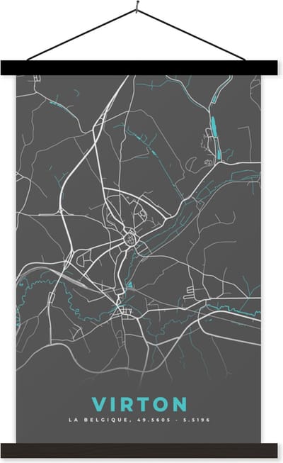 Posterhanger incl. Poster 40x60 cm - Schoolplaat - Kaart – Plattegrond – Stadskaart – Virton – België - Grijs - Textielposter - Zwarte latten - Stadskaart