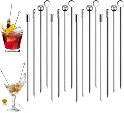 Herbruikbare cocktailspiesen van roestvrij staal, 16 stuks, voor voorgerechten en fruit, professionele spiesset met diverse vormen zoals cilindrisch, vierkant, bol en ring, ideaal voor feesten en BBQ's