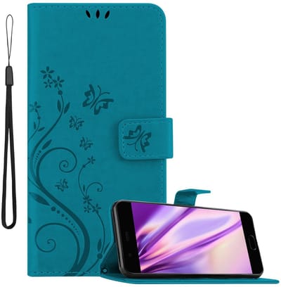 Cadorabo Hoesje geschikt voor Huawei P10 in BLOEMEN BLAUW - Beschermhoes in bloemmotief met magnetische sluiting, standfunctie en kaartsleuven Book Case Cover Etui
