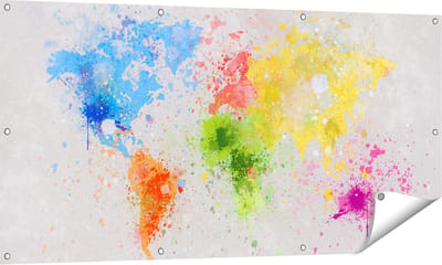 Gards Tuinposter Wereldkaart met Verfvlekken - Abstract - 140x70 cm - Tuindoek - Tuindecoratie - Wanddecoratie buiten - Tuinschilderij