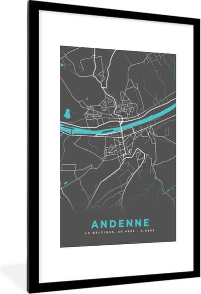 Fotolijst incl. Poster - Stadskaart – Grijs - Kaart – Andenne – België – Plattegrond - 80x120 cm - Posterlijst