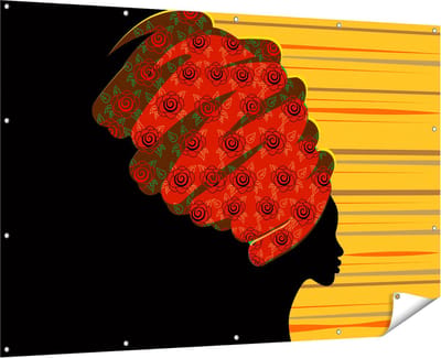 Gards Tuinposter Afrikaanse Vrouw met Bloemen Tulband - Abstract - 180x120 cm - Tuindoek - Tuindecoratie - Wanddecoratie buiten - Tuinschilderij