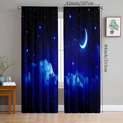 2 stuks - Stille blauwe sterrenhemel polyester gordijnen, decoratieve gordijnen voor badkamer, slaapkamer, woonkamer en familiekamer 14Wx39L(35x100CM)x2 blue