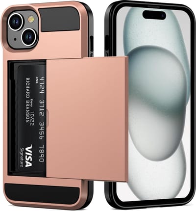 Hoesje Geschikt voor iPhone 15 Plus Hoesje Rose Goud - shockproof Backcover met pasjeshouder - Ruimte voor 2 pasjes