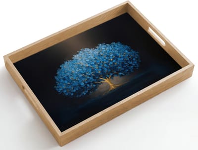 Dienblad hout 50x35 cm - Schootdienblad - Boom - Blauw - Bladeren - Penseelstreken - Borrelplank rechthoek - Plateau dienbladen