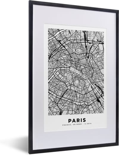 Fotolijst incl. Poster - Kaart - Stadskaart - Parijs - Plattegrond - Frankrijk - 40x60 cm - Posterlijst