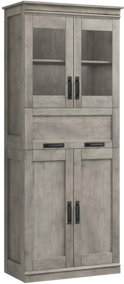 Badkamerkast - Opbergkast - 170cm - Met Glazen Deuren en Metalen Handgrepen - Kast met Verstelbare Planken - Opbergmeubel voor Badkamer en Woonkamer - Grijs