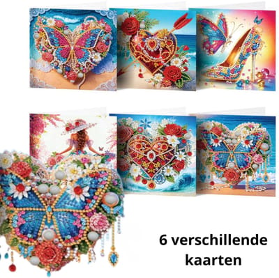 IZGO Diamond Painting Kaarten – 6 Wenskaarten met envelop - Zonder Tekst - Volwassenen – Volledig Pakket - Diamant schilderen - Hart Liefde