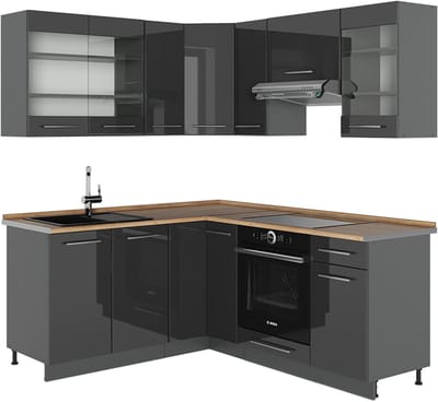 Vicco Hoekkeuken Fame-Line, Antraciet Hoogglans/Antraciet, 190 x 160 cm, WB Eik