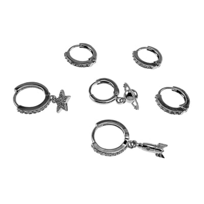 Luxe Oorbellen Set-6 stuks met Zirkonia, Ster, Raket en Saturnus, Oorringen - Rhodium Plated - Dames