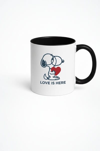 Keramische Mok met Lief Hondje en Rood Hart - 'Love Is Here' Print - Wit Zwart - Uniek Cadeau
