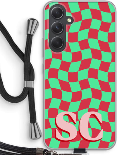 Gepersonaliseerd - Case Company® - Hoesje met koord geschikt voor Samsung Galaxy A54 hoesje met Koord - Grid Monogram - Telefoonhoesje met Zwart Koord - Bescherming aan alle Kanten en Over de Schermrand