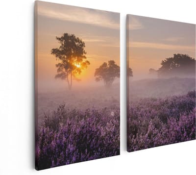Artaza Canvas Schilderij Tweeluik Weide in de Veluwe bij Zonsondergang - 80x60 - Foto Op Canvas - Canvas Print