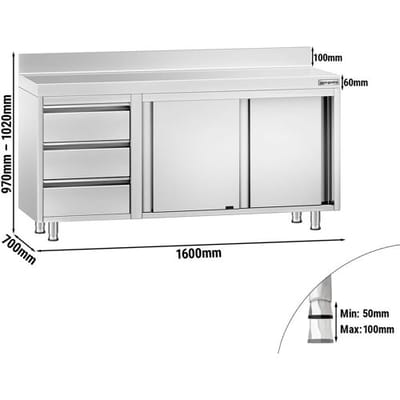 GGM Gastro Edelstahl Arbeitsschrank PREMIUM - 1600x700mm - mit 3 Schubladen links & Aufkantung Zilver
