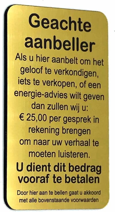 Geachte aanbeller vijfentwintig euro - Nee geen verkoop aan de deur - Brievenbus Sticker - Goud Look - incl. 3M-tape plakstrip - 50 mm x 80 mm x 1,6 mm - Namengigant
