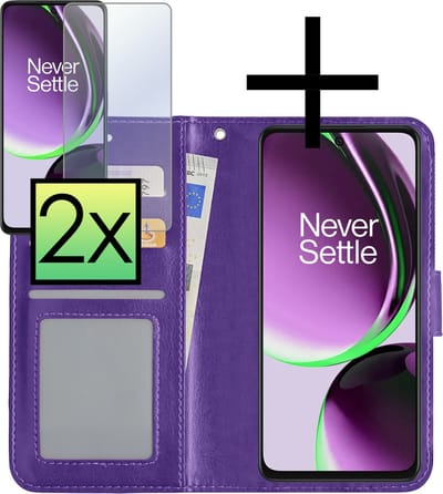 Hoesje - Met 2x Screenprotector - Geschikt voor OnePlus Nord CE 3 Lite - Luxe Pasjeshouder - Bookcase Portemonee - Flip Case - Kunstleer Book Case - Flipcase Hoes - Book Cover - Walletcase - Portemonneehoes - Paars