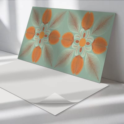 Wallfluent Vinyl Tegels - Bloemenpatroon met Bladeren Vinyl Tegels Zelfklevend - 40 cm x 20 cm - Oranje PVC Tegels - Set van 10 - Rechthoek PVC Tegels - Bloemen en Planten Plaktegels - Zelfklevende Vinyltegels - Plaktegels Keuken en Badkamer