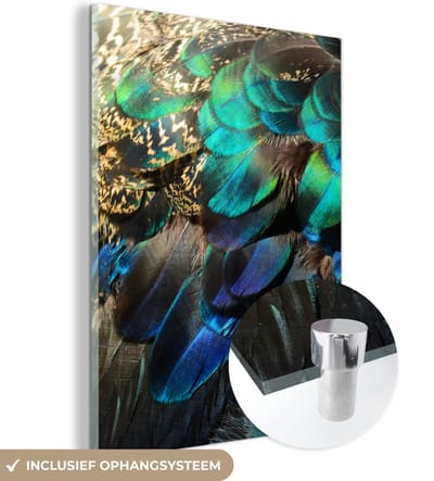 MuchoWow® Glasschilderij 30x40 cm - Schilderij acrylglas - Veren - Pauwveren - Pauw - Blauw - Kunst - Foto op glas - Schilderijen