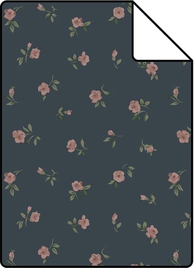 Proefstaal ESTAhome behang vintage bloemetjes donkerblauw en roze - 26.5 x 21 cm - 139836-S