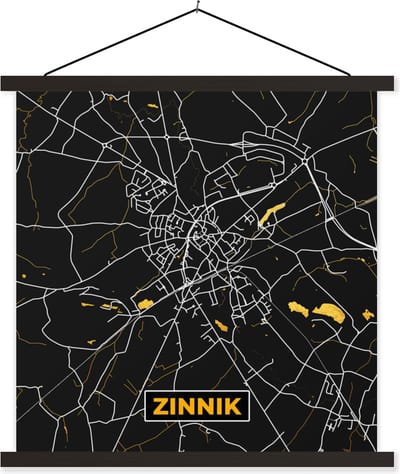 Posterhanger incl. Poster 60x60 cm - Schoolplaat - Stadskaart - Goud - Kaart - Plattegrond - Zinnik - Textielposter - Zwarte latten - Stadskaart