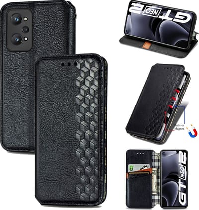 Luxe PU Lederen Ruitpatroon Wallet Case + 21D Glas Screenprotector voor OPPO Realme GT Neo2 _ Zwart