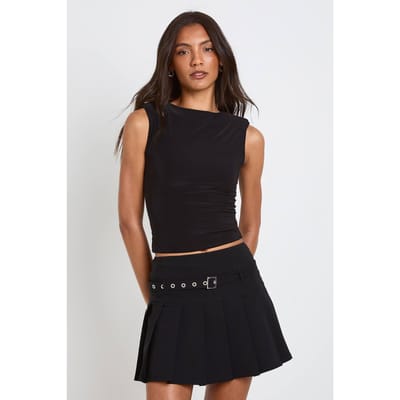 boohoo Dames Tall Geplooide Mini Rok Met Gespsdetail | Zwart | Maat: 36
