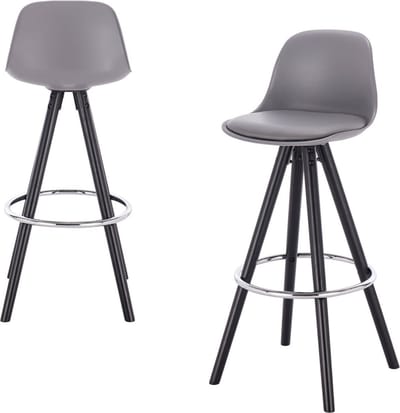 Barkrukken Set 75cm Zwart - Grijs Kunstleer, Rugleuning en Zwart Frame - Voor Eetkamer, Keuken en Woonkamer