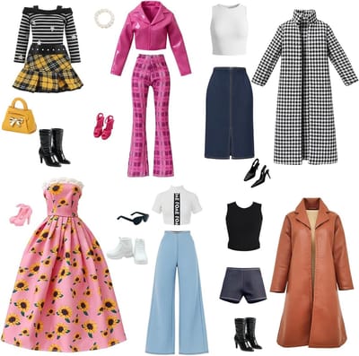 Complete 21-delige Set met Kleding voor 25 cm Poppen, Inclusief Houndstooth Trenchcoat, Leren Jas, Y2K Jurk en Zonnebloem Maxi Jurk, Perfecte Accessoires voor Poppenliefhebbers