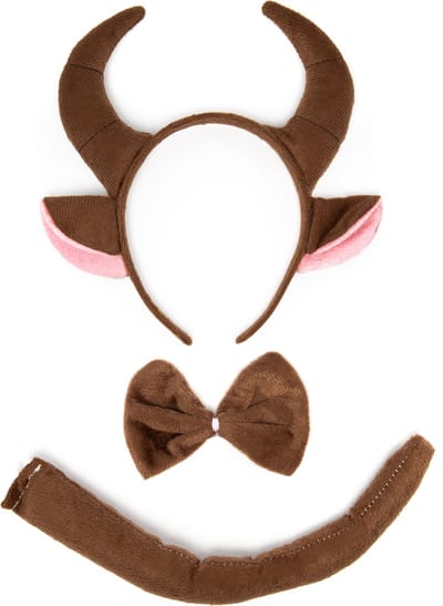 KIMU® Stier Haarband Oren, Strik & Staart Diadeem Set - Bruin Hoorns Donkerbruin Zacht Stierenpak Dierenpak Pak - Staartje Koe Rund Oortjes Festival