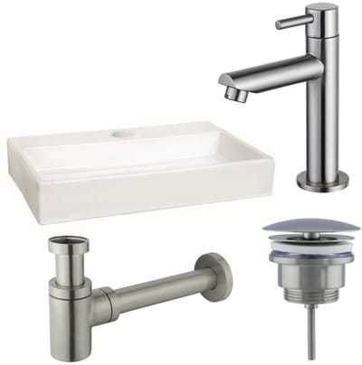 FugaFlow Eccelente Arredo fonteinset - 38x7x24cm - 1 kraangat - keramiek - fonteinkraan RVS geborsteld - glans wit -