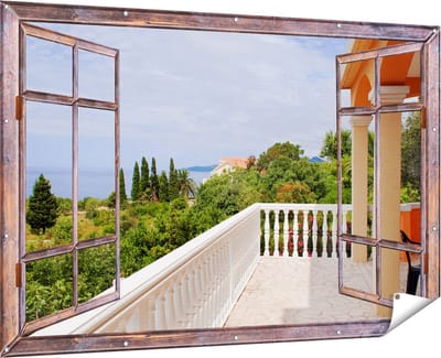 Gards Tuinposter Doorkijk Terras in Toscane - 180x120 cm - Tuindoek - Tuindecoratie - Wanddecoratie buiten - Tuinschilderij