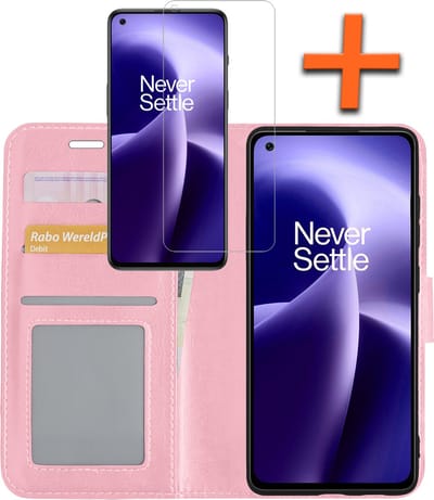 Hoes - Met Screenprotector - Geschikt voor OnePlus Nord 2T - Luxe Pasjeshouder - Bookcase Portemonee - Flip Case - Kunstleer Book Case - Flipcase - Book Cover - Walletcase - PortemonneeHoes - Lichtroze
