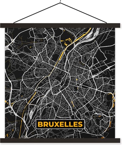 Posterhanger incl. Poster 60x60 cm - Schoolplaat - Brussel - Goud - Stadskaart - Plattegrond - Kaart - Textielposter - Zwarte latten - Stadskaart