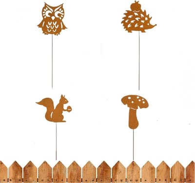 Dieren Tuin Decoratie - Plantenbak Figuren - Tuin Aankleding - Roestige Afwerking - Set van 4 - Champignon