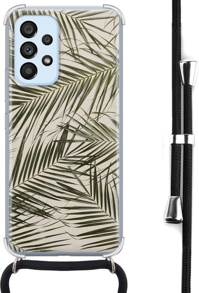 Hoesje met koord - Geschikt voor Samsung Galaxy A53 - Palmbladeren - Verstelbaar zwart koord - Crossbody - Planten - Transparant, Groen - Leuke Telefoonhoesjes