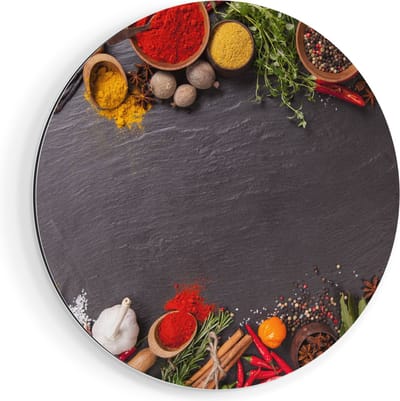 Artaza Dibond Muurcirkel Verschillende Kruiden Op Een Zwarte Tafel - Ø 80 cm - Groot - Wandcirkel - Rond Schilderij - Voor Binnen en Buiten