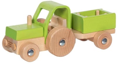 Goki houten tractor met aanhanger speelgoedvoertuig voor kinderen.