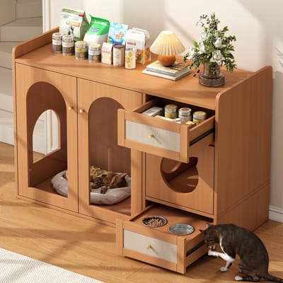 STILVORA Kattenkast - 5-in-1 Multifunctioneel Met Verstopte Kattenbak En Voederlade - Rustruimte En Opbergruimte - Spaanplaat - 120x45x76 cm - Notenbruin