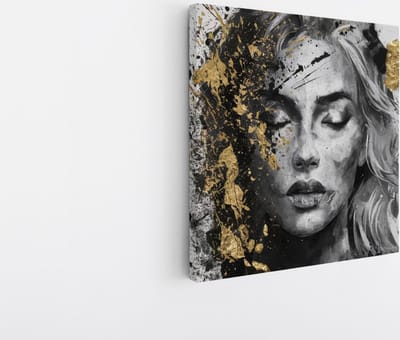 Saammp Canvas Schilderij - Vrouw - Explosie van goud en zwart - abstract - 20x20 - Foto op canvas - Wanddecoratie - Muurdecoratie Woonkamer - Slaapkamer decoratie - Canvas Print