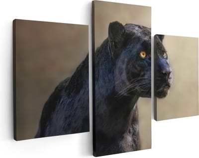 Artaza Canvas Schilderij Drieluik Zwarte Panter Met Oranje Ogen - 90x60 - Foto Op Canvas - Canvas Print